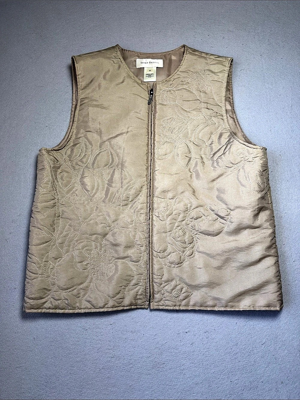 2000s Y2K VTG Susan Bristol Embroidered Zip Vest Beige Medium